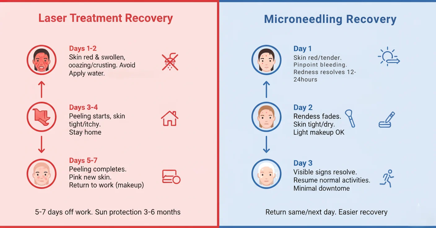 Visual timeline comparing recovery process and downtime for laser versus microneedling acne scar treatments