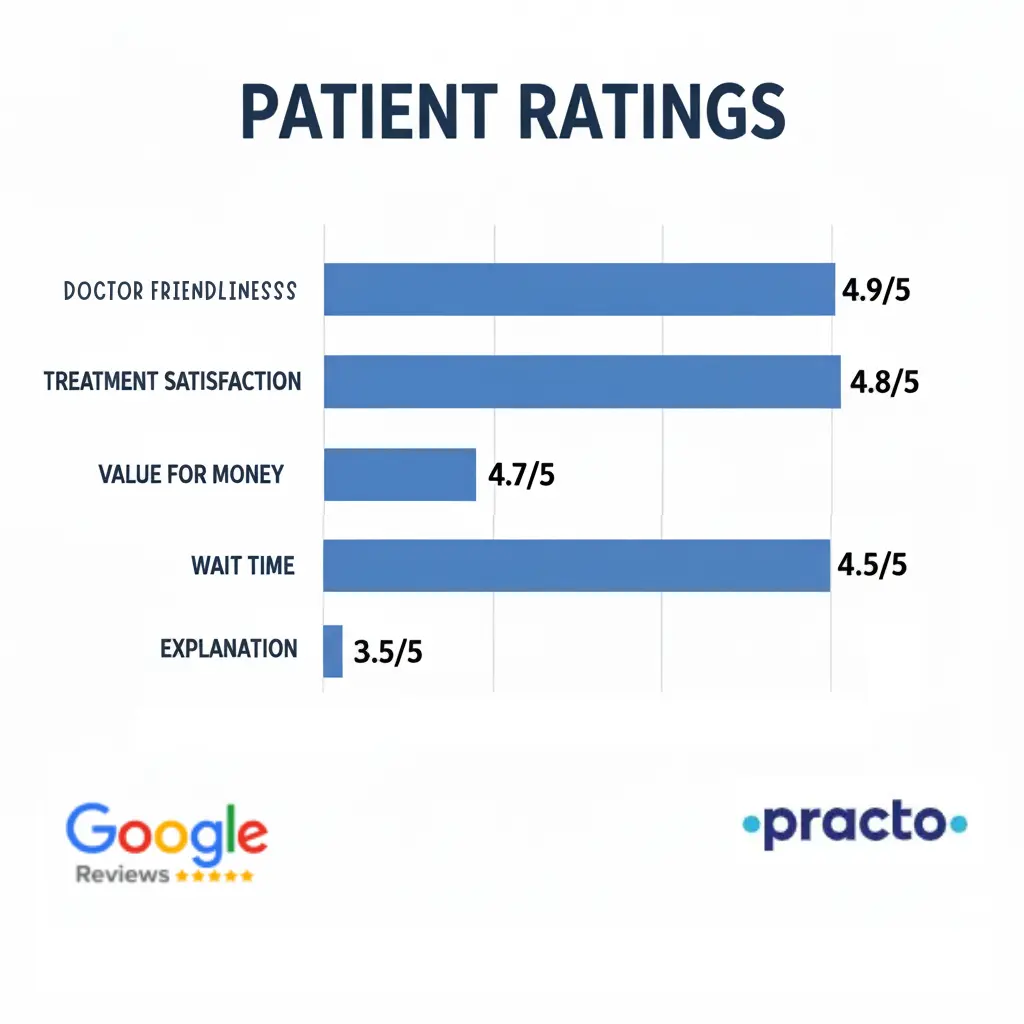 Clear Skin Clinic Pune patient satisfaction ratings breakdown showing 4.95 for doctor friendliness and treatment explanation
