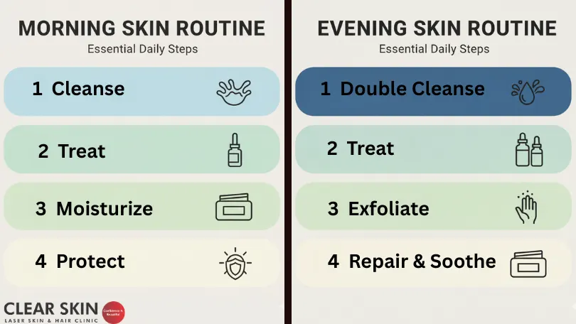 Step-by-step acne treatment routine for morning and evening - Clear Skin Clinic Pune