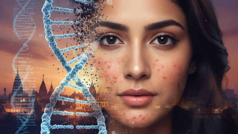 Genetic factors and acne treatment illustrated with DNA helix and clear skin against Pune skyline - Clear Skin Clinic