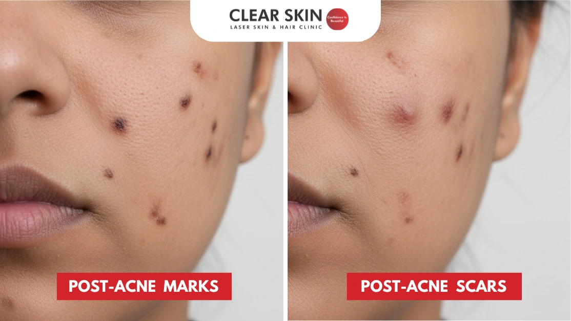 Post-acne marks versus acne scars comparison showing flat hyperpigmentation on left and textured scarring on right