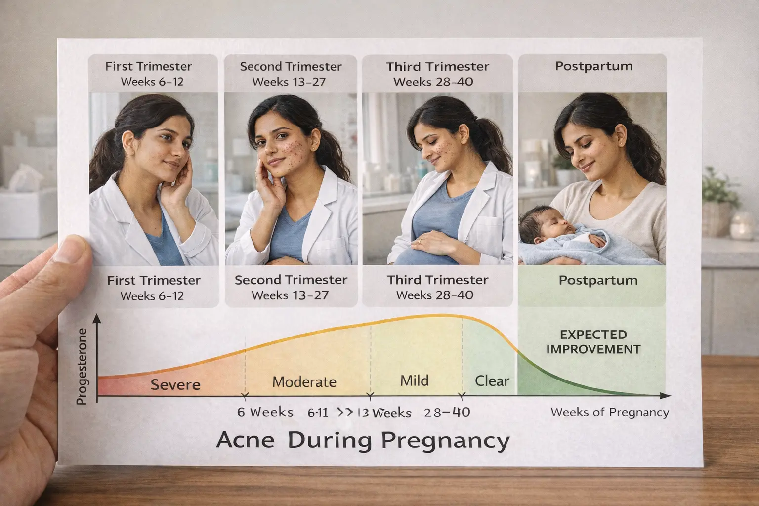 Pregnancy acne timeline first trimester second trimester postpartum resolution Pune