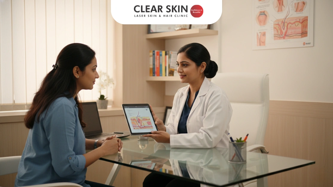 Dermatologist at Clear Skin Clinic Pune explaining laser hair removal safety to patient