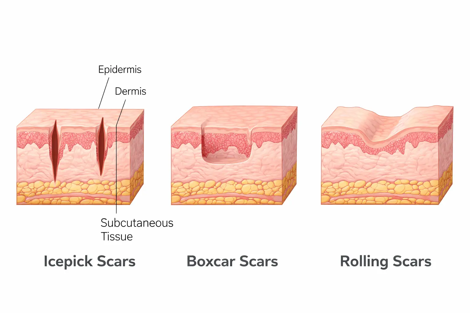 Types of acne scars - icepick, boxcar, and rolling scars diagram Pune dermatologist