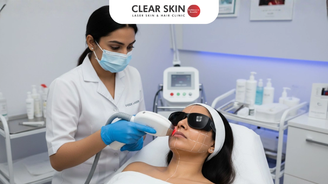Laser hair removal treatment on Indian skin tone showing Diode laser application by dermatologist at Clear Skin Clinic