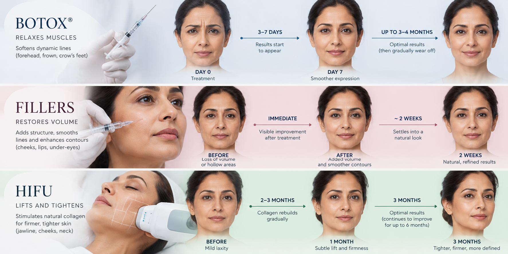 Results timeline for Botox, dermal fillers and HIFU anti-aging treatment at Clear Skin Clinic Pune